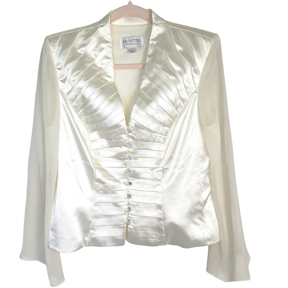 Vintage J.R. Nites Carol Lin Ivory Satin Pleated Evening Top Sheer Sleeves 14